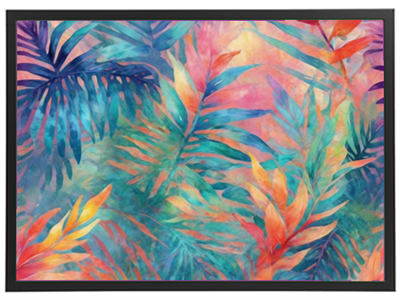 En livlig og farverig illustration af tropiske blade i nuancer af blå, grøn, orange og pink.