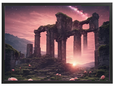 En betagende udsigt over gamle ruiner omgivet af frodig vegetation og en stjerneklar himmel.