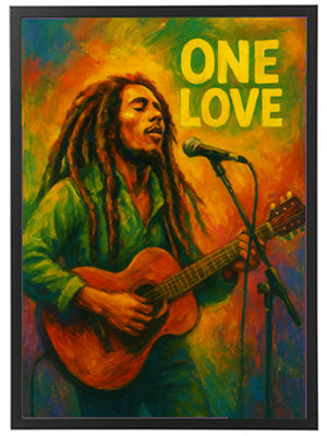 Farverig illustration af en mand med dreads, der synger og spiller guitar med teksten ONE LOVE.