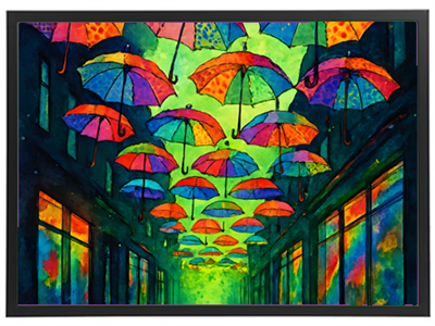 Et maleri af en gade fyldt med farverige paraplyer svævende over, omgivet af levende farver.