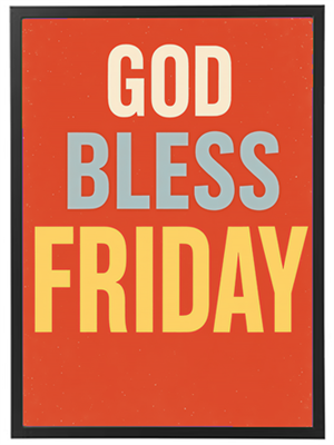 Et farverigt billede med teksten God Bless Friday i store bogstaver.