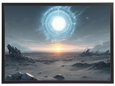 En storslået, surrealistisk scene med en lysende sol og et fremmedartet landskab.