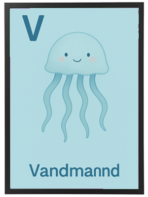 Illustration af en venlig vandmand med lange tentakler, der repræsenterer bogstavet V.