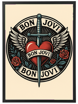 Et farverigt design med et hjerte, sværd og vinger, omkranset af roser.