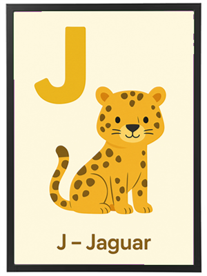 Illustration af en sød jaguar med bogstavet J, velegnet til børn.