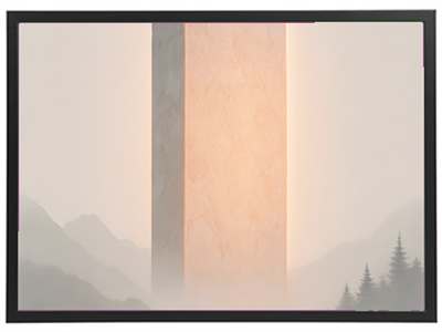 Et stiliseret billede af en monolit, der strækker sig op i en tåget bjerglandskab, oplyst af et blødt lys.