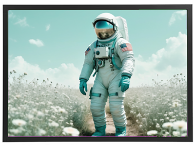 En astronaut står midt i en blomstereng under en lys himmel.