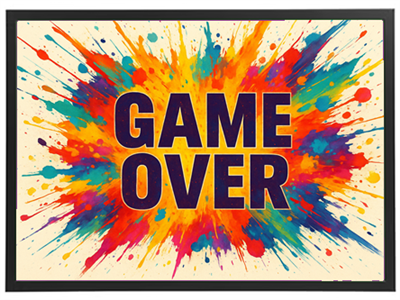 Et livligt og farverigt design med teksten GAME OVER i centrum, omkranset af sprøjtende farver.