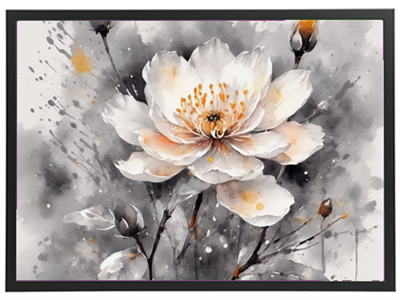 En smuk vandfarvet illustration af en hvid blomst med nuancer af grå og orange.