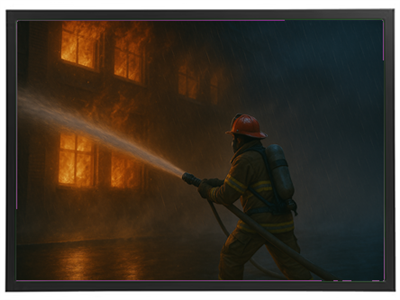 En brandmand kæmper mod flammerne med en vandstråle, mens regnen falder.