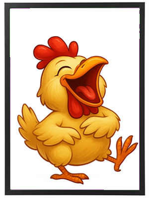 En tegneserieagtig kylling, der griner og ser glad ud, mens den danser.