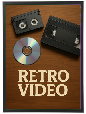 Billedet viser en retro videoopsætning med VHS-bånd og en DVD på en træoverflade.