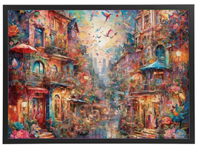 En livlig og farverig gade med blomstrende planter, bygninger og flyvende fugle.