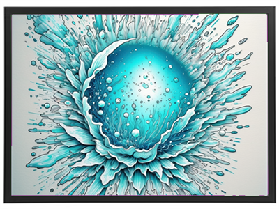 Et farverigt og dynamisk billede af en vandexplosion med nuancer af blå og hvid.