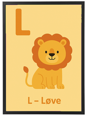 Farverigt billede af en løve med bogstavet L og teksten L - Løve.