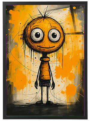 En tegnet karakter med en orange hoved og store, udtryksfulde øjne, omgivet af sprøjtede farver.