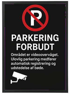 Et skilt der angiver, at parkering er forbudt i det videoovervågede område.