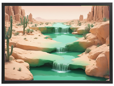 Et malerisk ørkenlandskab med grønne vandløb og små vandfald omgivet af klipper og kaktusser.