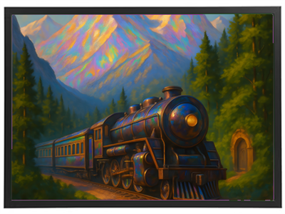 Et malerisk landskab med et damplokomotiv, der kører gennem bjerge og skove.