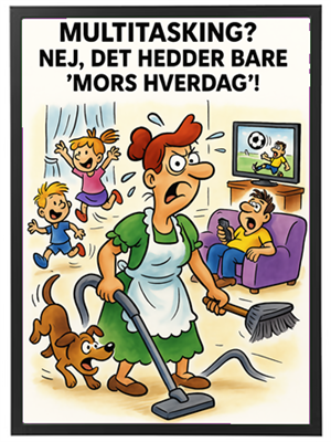 Et humoristisk billede af en mor, der jonglerer med husarbejde og børn, mens en far slapper af.