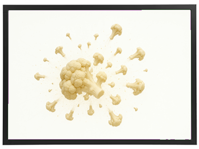 Et billede af en blomkål, der ser ud til at eksplodere med små stykker, der sprøjter ud.