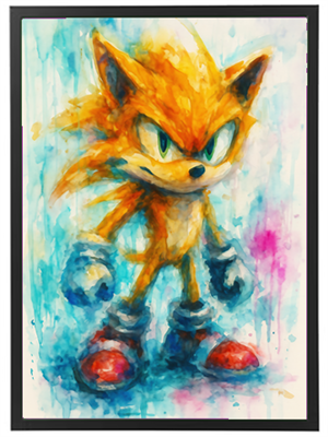 En livlig akvarel af en animeret karakter med orange pels og blå detaljer.