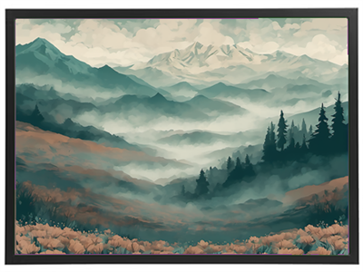 Et malerisk landskab med bjerge, skove og tåge, der skaber en mystisk atmosfære.