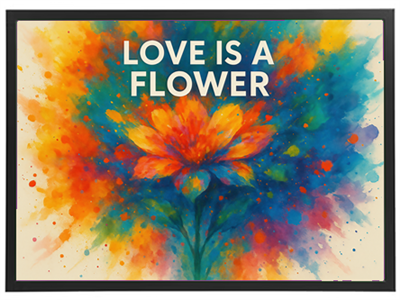 Et farverigt maleri af en blomst med teksten LOVE IS A FLOWER.