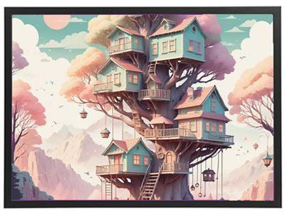 Et farverigt træhus med flere etager, omgivet af bjerge og en smuk himmel.