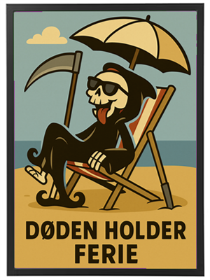 En humoristisk illustration af døden, der slapper af på stranden med solhat og solbriller.