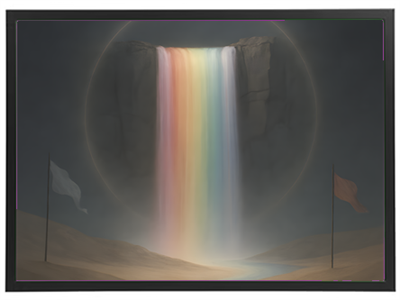 Et spektakulært vandfald med regnbuefarver, omgivet af en ørkenlandskab og flag.