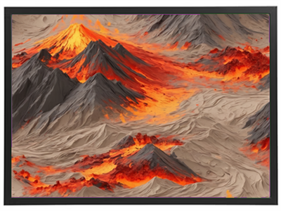 Et dramatisk landskab med vulkaner, der udspyr lava og glødende sten.