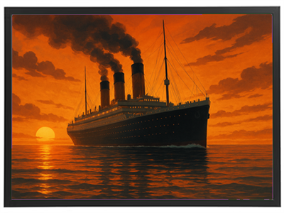 Et malerisk billede af et stort skib, der sejler mod en smuk solnedgang.