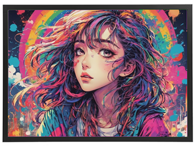 Et farverigt portræt af en ung kvinde med bølget hår og en regnbuebaggrund.