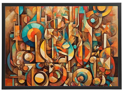 Et abstrakt maleri med geometriske former og en varm farvepalet.