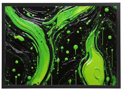 Et farverigt abstrakt maleri med grønne svævende former og dråber på en sort baggrund.