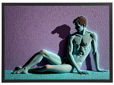 En stiliseret figur af en mand, der sidder afslappet med en dramatisk skygge på væggen.