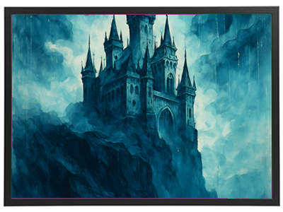 Et majestætisk slot beliggende på en klippe, omgivet af tåge og mørke nuancer.