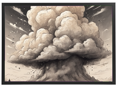 Illustration af en stor eksplosion med en omfattende sky af røg og støv.