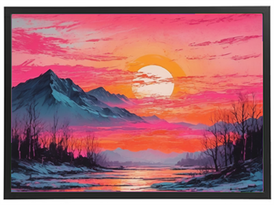 En dramatisk solnedgang med nuancer af pink og orange, der lyser op over bjerge og vand.