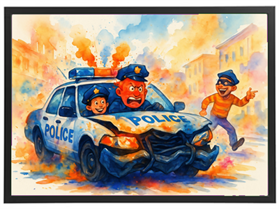 Farverig illustration af en politibil i kaos med to betjente og en dreng, der griner.
