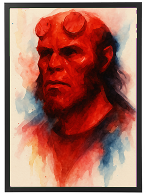 Et maleri af en rød dæmon med horn, der udstråler styrke og mystik.