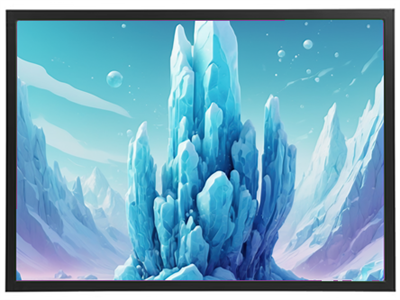 En farverig illustration af et stort isbjerg i en drømmende, frostet landskab.