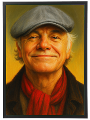 Et portræt af en smilende mand iført en grå hat og en rød tørklæde, med et venligt udtryk.