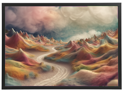 Et surrealistisk landskab med bølgende bjerge i pastelfarver og en snoet vej.