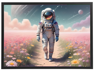 En astronaut går gennem en farverig blomstereng under en stjerneklar himmel.
