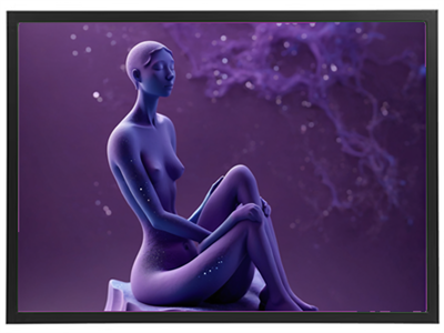 En stiliseret figur, der sidder i en drømmende pose mod en lilla baggrund.