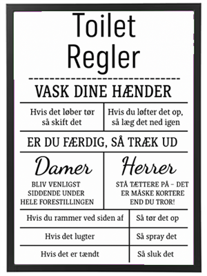 Billedet viser regler for brug af toilet, herunder håndvask og adfærd for damer og herrer.