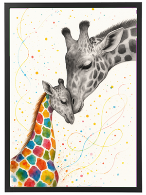 Et farverigt kunstværk, der viser en giraf og dens unge, der deler et øjeblik af kærlighed.