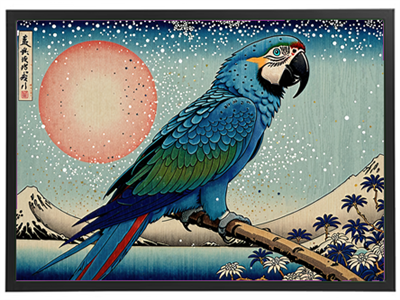 En detaljeret illustration af en papegøje med en stor rød sol i baggrunden.